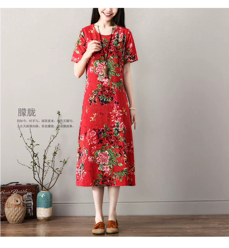 Váy mùa hè mới rộng kích thước lớn váy dài retro phong cách dân tộc nữ trang trí cơ thể là cotton mỏng và đầm ngắn tay - váy đầm