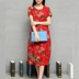 Mùa xuân và mùa hè mới rộng rãi cỡ lớn váy dài trung trung dài cổ điển phụ nữ dân tộc màu đỏ mỏng ngắn tay váy cotton và lanh - Váy dài