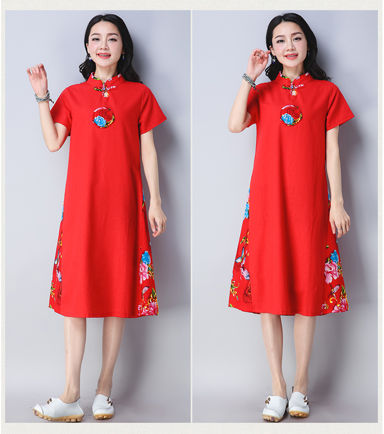 Mùa hè mới rộng kích thước lớn váy dài retro phong cách quốc gia phụ nữ sườn xám cotton lanh váy ngắn tay - Váy dài dam maxi