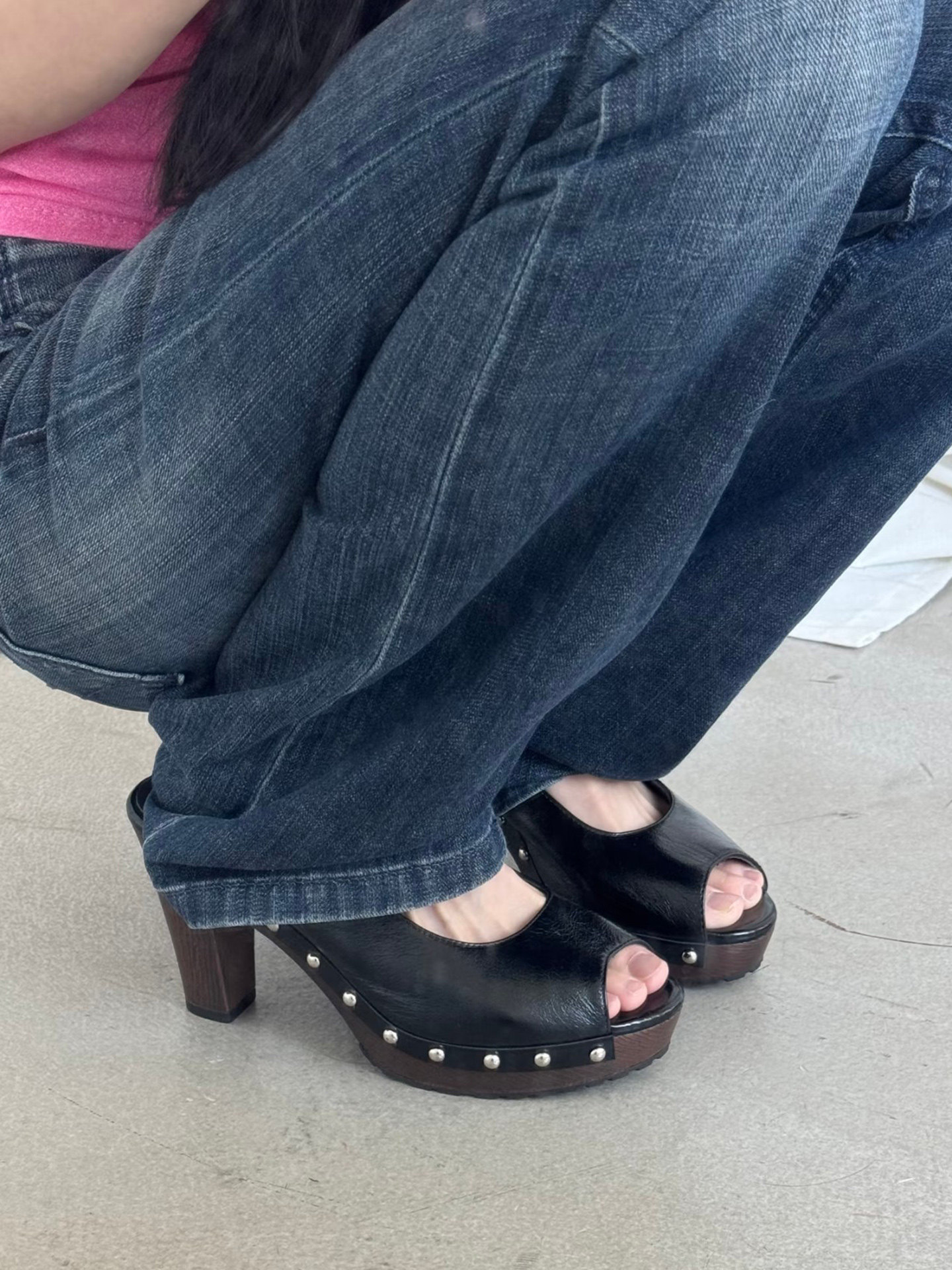 Rivet Backless Peep-Toe Sandals with Height-Increasing Genuine Leather Waterproof Platform, Vintage Shoes, Retro Single Shoes, Clogs, Chunky Heel High Heels for Women