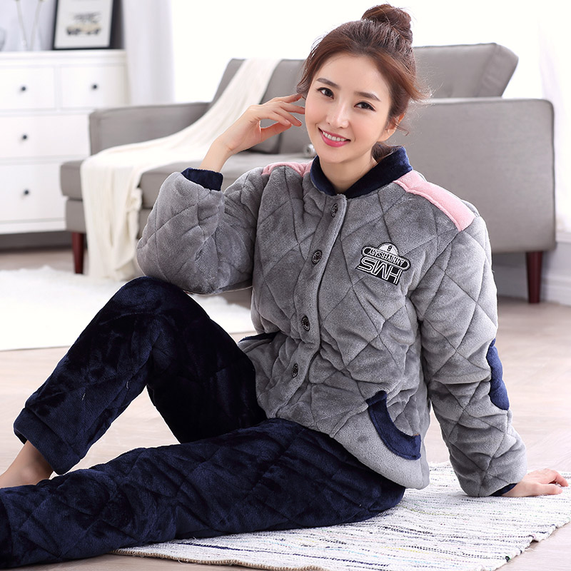 Pajamas Woman Winter Warm Triple Layer Clip Cotton Plus Suede Thickened Large Code Coral Suede Lady Autumn Winter Style Home Suit Suit-Taobao