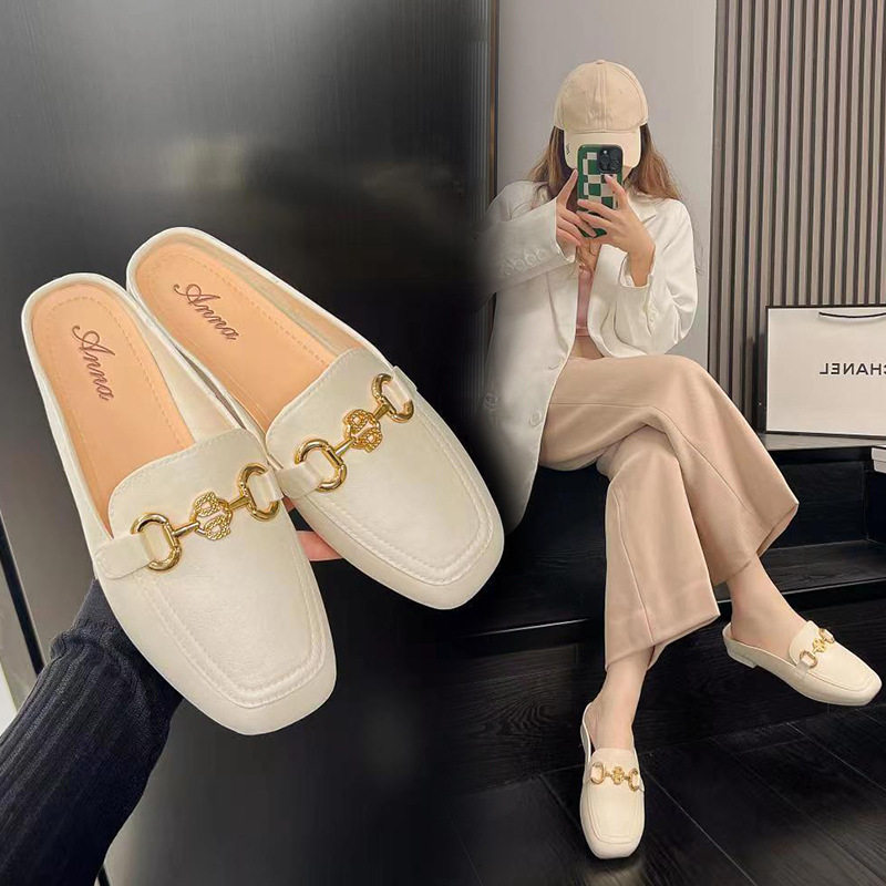 Summer Loafers, Lazy Closed-Toe Half-Slippers for Women, Fashionable Flat-Soled Retro Closed-Toe Slip-On Breathable Slippers for Outdoor Wear