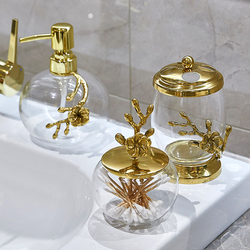Vintage pure copper plum blossom bathroom decoration home model room toiletries brass glass swab jar storage ornaments