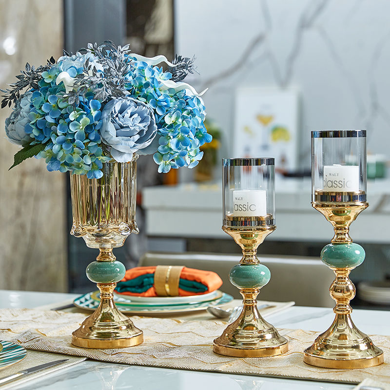 Light luxury golden candle holder ice crack ceramic candlelight dinner props simple European dining table living room porch decoration