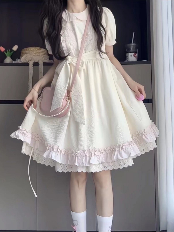 French-Style First Love Gentle Style Doll Collar Dress for Women, New Summer Bow-Tie Waist-Cinching Princess Puffy Dress