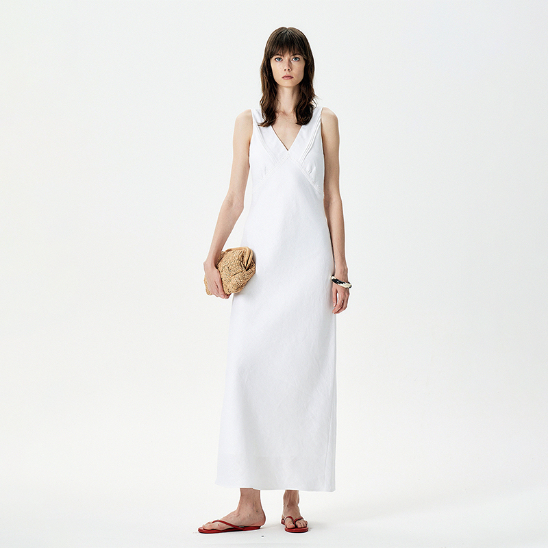 Thornsaura 100% Linen French V Neck Spliced Lace White Long Dress