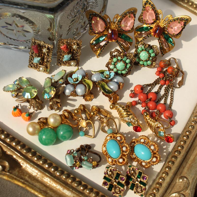 Cmoi Western Antique Jewelry Old Czech Austria Rhine Glaze Colored Treasure Vintage Earring Clip