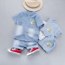 Boy Kits Summer Boys Baby New Fashion Han Edition Leisure pure color single row jeans Short sleeve shorts