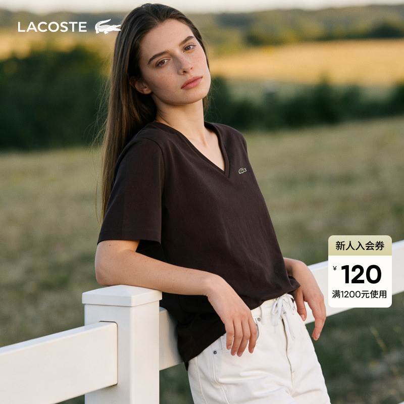 Lacoste French Crocodile Women's Clothing 26 New Summer Style Loose-Fitting Cotton V-Neck Short-Sleeved T-Shirt | Tf7300