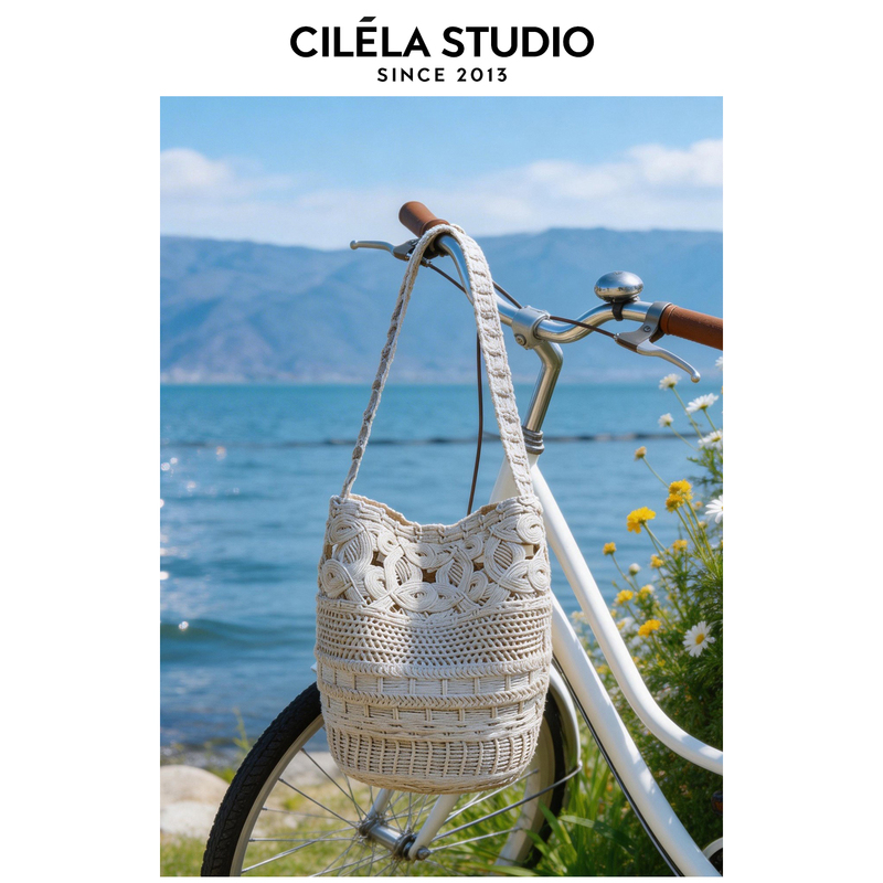 Xilena's Lazy Vacation Style Wax Rope Hand-Woven Bag, Bucket Bag, Shoulder Bag, Underarm Bag, Straw Bag for Women in Summer