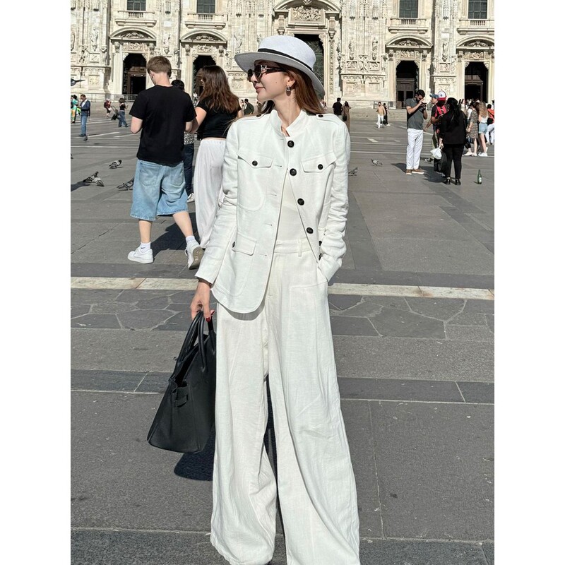 Autumn New Korean-Style Old Money Style White Elegant Suit with a High-End Feel, Stylish and Appropriate Jacket and Wide-Leg Pants Two-Piece Set