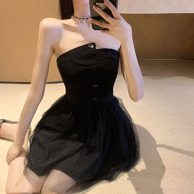 Celebrity temperament small dress light luxury slim tube top dress female summer spring small irregular mesh small black dress