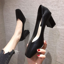 Thick heels 2021 New Spring professional black French little lady work Joker Net Red Square head shoes