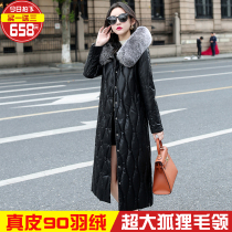 Real leather down jacket woman with a thin sheep leather fox fur collar with hat Hainen leather grass fur coat overkneecap