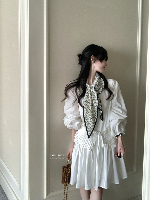 Dara Rose - White Solid Color Heavy Pleated Lantern Sleeve Dress with Ruched Waist and Tie, Slimming Dress S8445