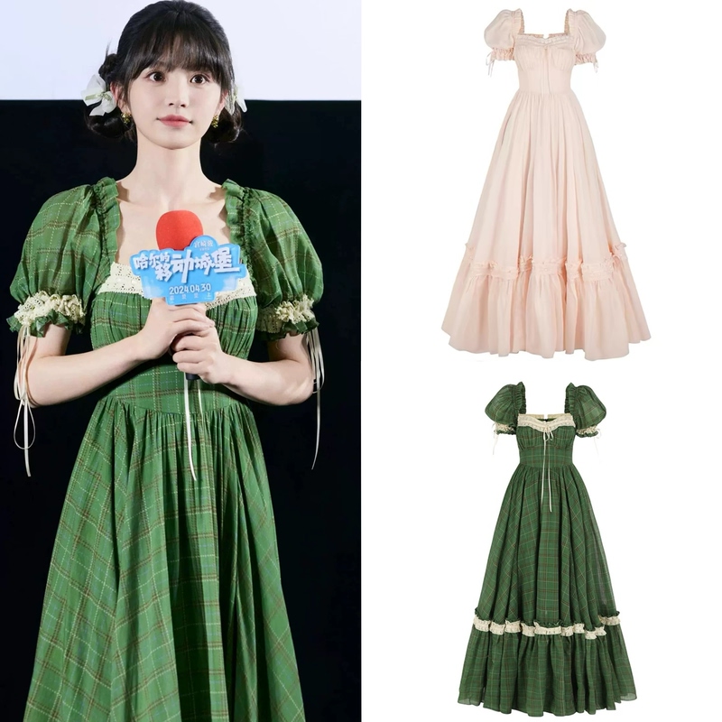 In-Stock Selkie Collection Tian Xivi Same Style Green Moss Plaid Light Pink Dress for Women In-Stock Selkie Collection Tian Xivi Same Style Green Moss Plaid Light Pink Dress for Women