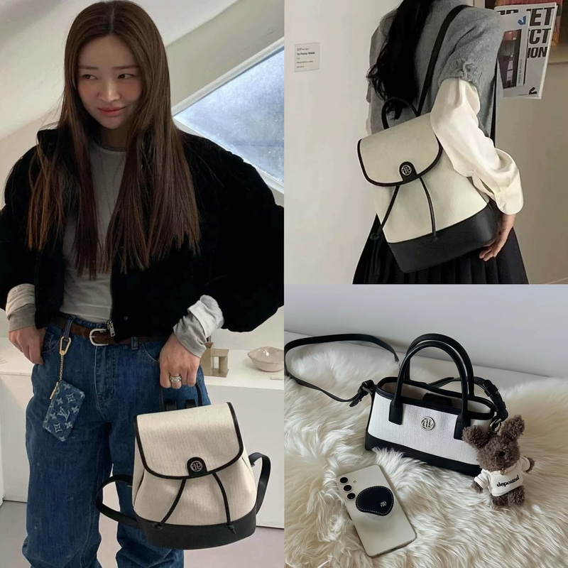 In-Stock Korean Depound New Model Cha Jingyuan Same Style Black and White Canvas Patchwork Backpack Tote Crossbody Bag In-Stock Korean Depound New Model Cha Jingyuan Same Style Black and White Canvas Patchwork Backpack Tote Crossbody Bag