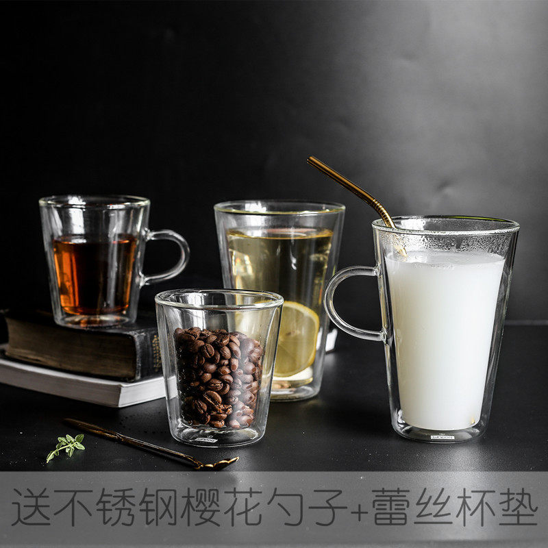 ins Nordic minimalist double layer transparent glass cups Creative milk tea cups Heat resistant water glasses coffee drinks juice cups