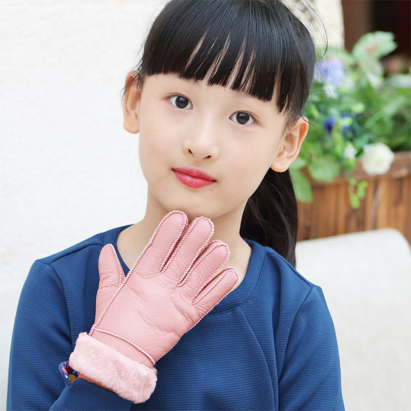 Children's gloves keep warm in winter Students Boys Boys Girls Five Finger Sheepskin Thick Ski Gloves