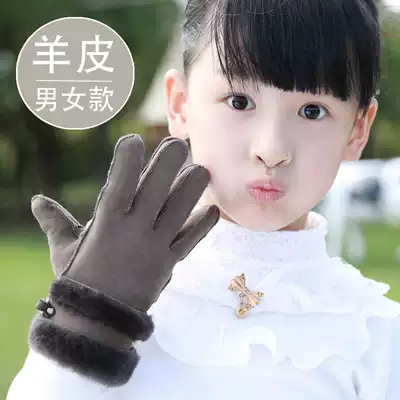 Children's gloves winter warmth plus velvet five-finger thickening autumn and winter boys and girls primary school students cute sheepskin skiing