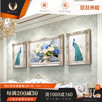 Living room sofa background wall decoration painting high-grade peacock flower atmosphere European hanging painting three combination oil paintings