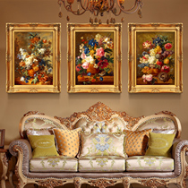Living room wall sofa background combination European classical triple hanging painting flower mural still life oil painting decorative painting