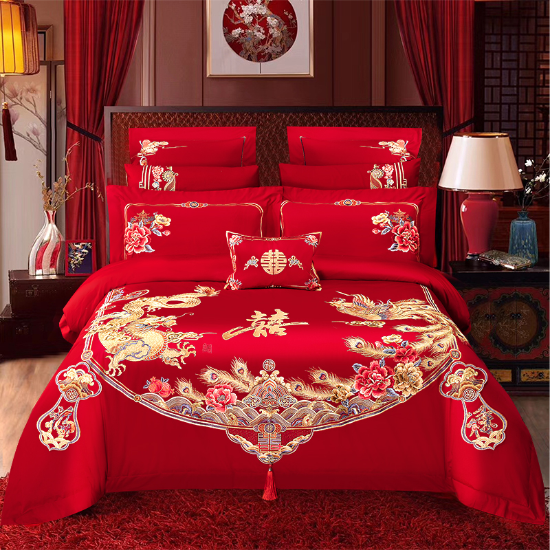 Wedding forty or sixty-piece set of 120 long-staple cotton big red dragon and phoenix quilt embroidered new house cotton wedding full set