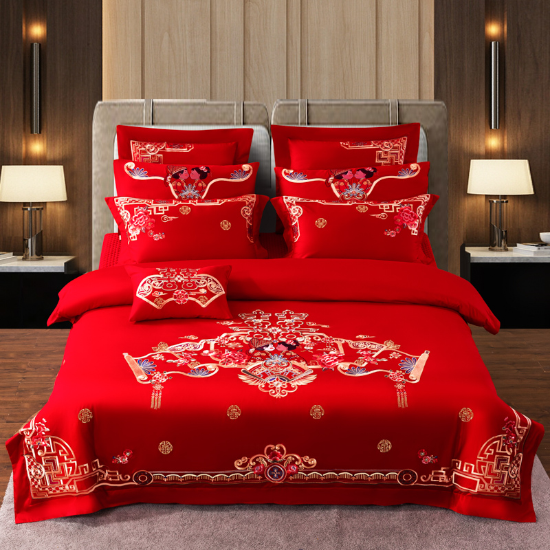 Wedding four-piece set of 100 long-staple cotton big red cartoon embroidery happy quilt new house wedding full set of sixty-piece set