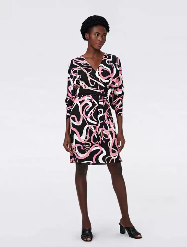 Luxury Brand Top Quality! Women's Dress Made from Fine Fabrics with Pink and White Dancing Ribbon Art Print, Long Sleeves, and Wrap-Around Design Luxury Brand Top Quality! Women's Dress Made from Fine Fabrics with Pink and White Dancing Ribbon Art Print, Long Sleeves, and Wrap-Around Design