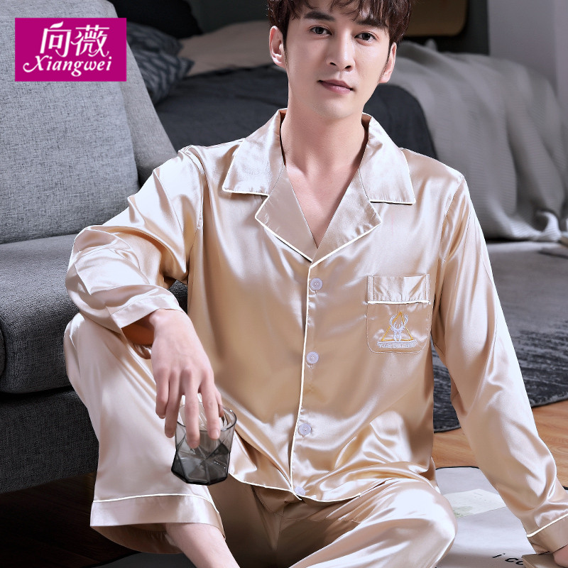 Bộ đồ ngủ Mens Summer Long Sleeve Ice Silk Home Mang mùa xuân và mùa thu mỏng tơ lụa thêu Loose kích thước lớn hai mảnh Set.