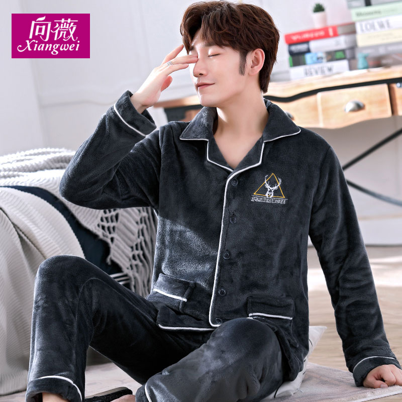 mùa thu đầy sao lãng mạn và mùa đông hô mens nhung bộ đồ ngủ hoạt hình ấm dày cardigan flannel nhà phù hợp.