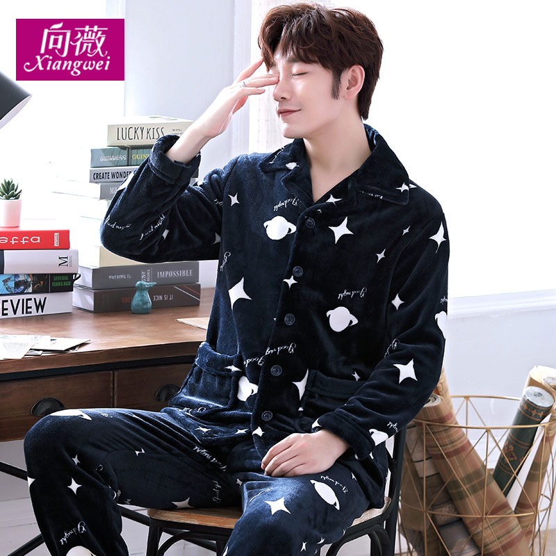 mùa thu đầy sao lãng mạn và mùa đông hô mens nhung bộ đồ ngủ hoạt hình ấm dày cardigan flannel nhà phù hợp.