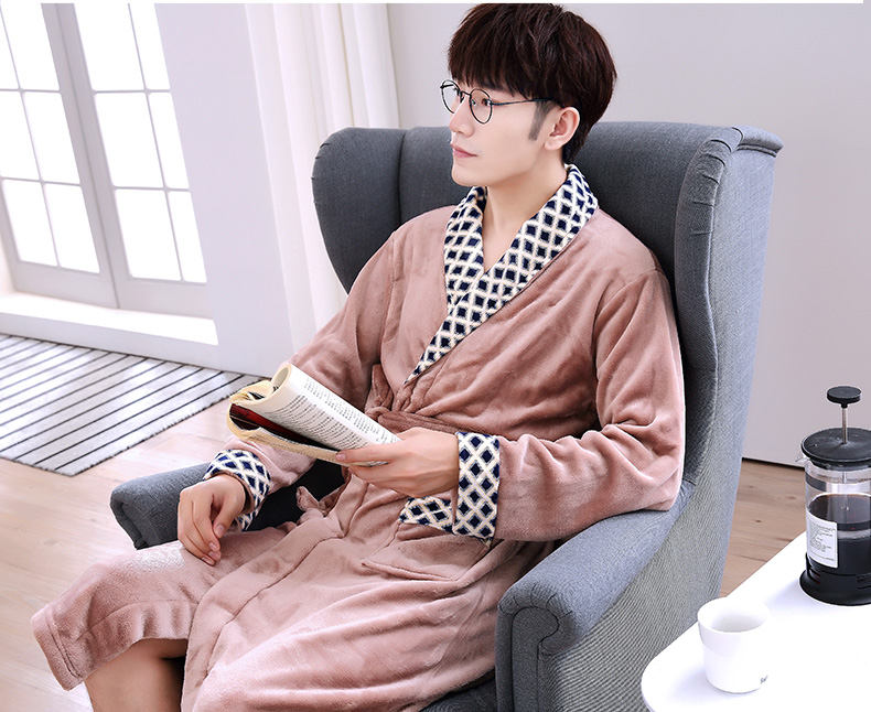 Mùa thu và mùa đông san hô nhung áo choàng nam cộng với đồ ngủ nhung dày đơn giản áo choàng dài flannel nam đồ ngủ
