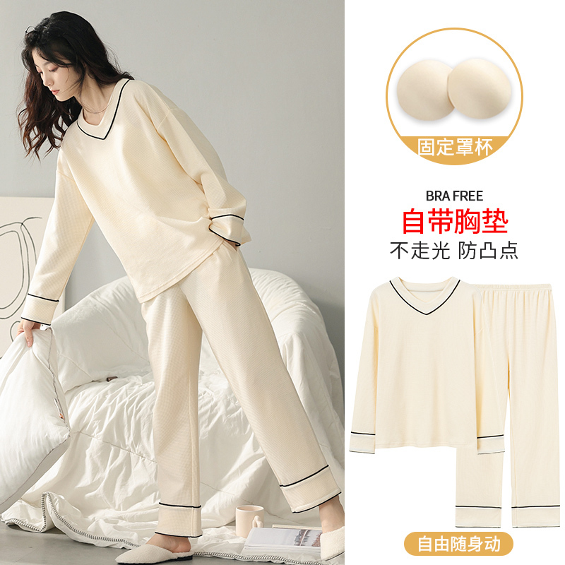 100% Cotton Long-Sleeved Spring and Autum Pajamas with Breast Pads for Women, Casual and Simple Round Neck Pullover, Cotton Home Wear Set