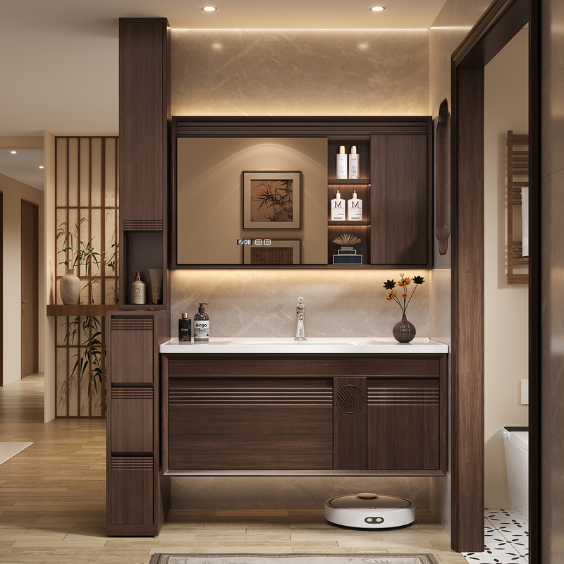 Medieval-Style Bathroom Cabinet Side Cabinet Mirror Cabinet Combination Ceramic Integrated Basin Washbasin Dry Area Partition Side Cabinet Storage Cabinet