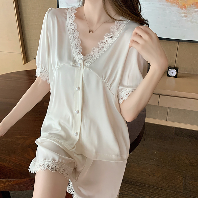Pajamas women's summer ice silk short-sleeved suit sexy lace silk can be worn outside white net red silk home clothes thin section