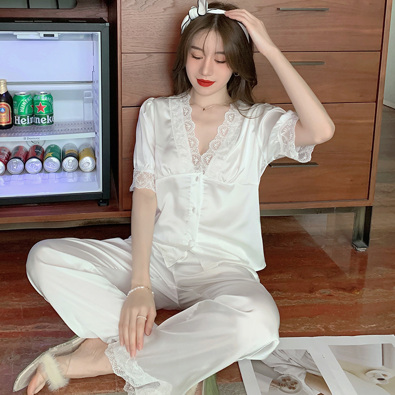 Pajamas women summer ice silk short sleeve pants suit sexy lace white silk high-sense silk red home suit