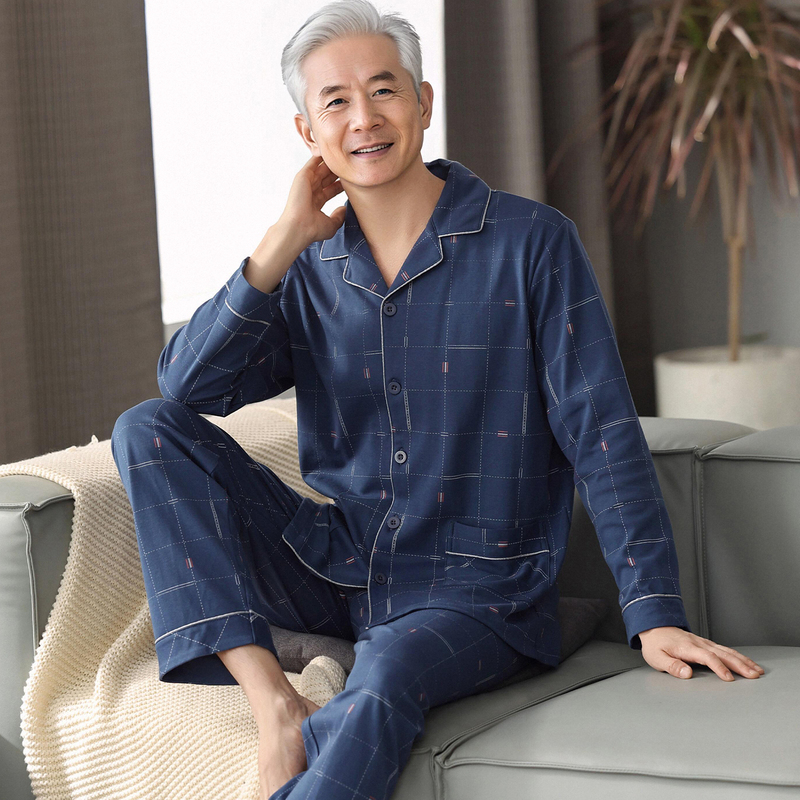 Elderly Grandfather's Pajamas for Men, Spring and Autumn, 100% Pure Cotton, Long-Sleeved, Middle-Aged and Elderly, All-Cotton Dad's Home Wear Set
