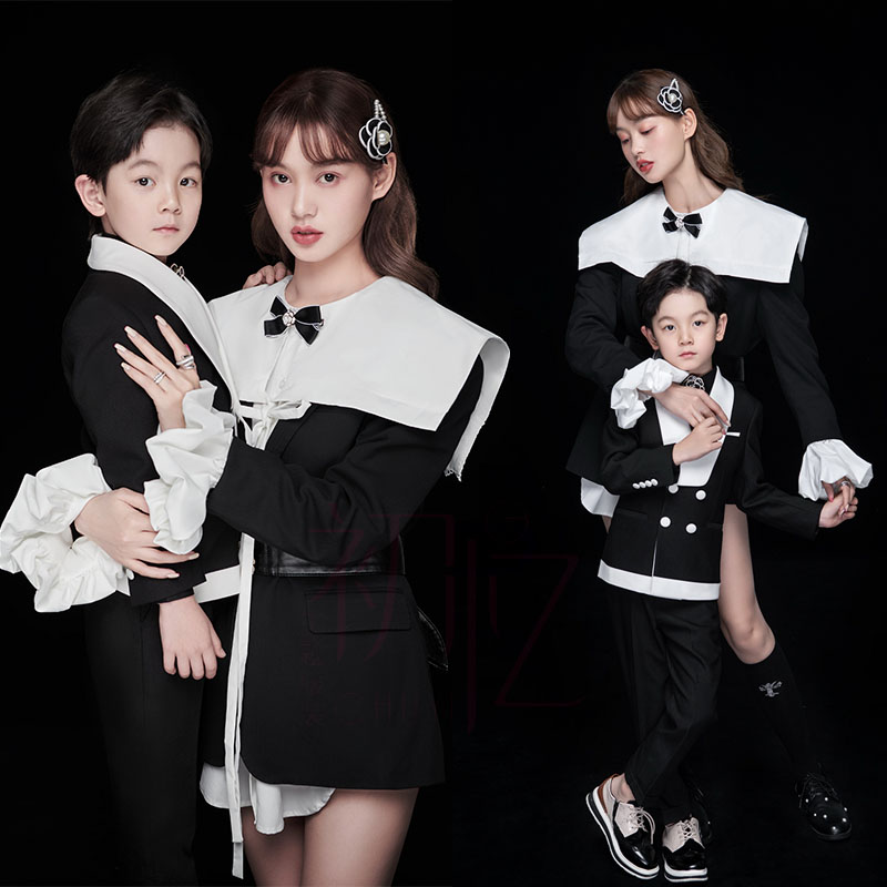2022 new photo gallery Parent-child Themed Photo Clothing Mother-son Inner View Fashion Morden Black Suit Retro