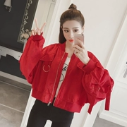 Áo mới 2018 áo nữ mùa thu bắt đầu đoạn văn ngắn hoang dã phong cách Harajuku màu đỏ áo khoác bomber cho học sinh