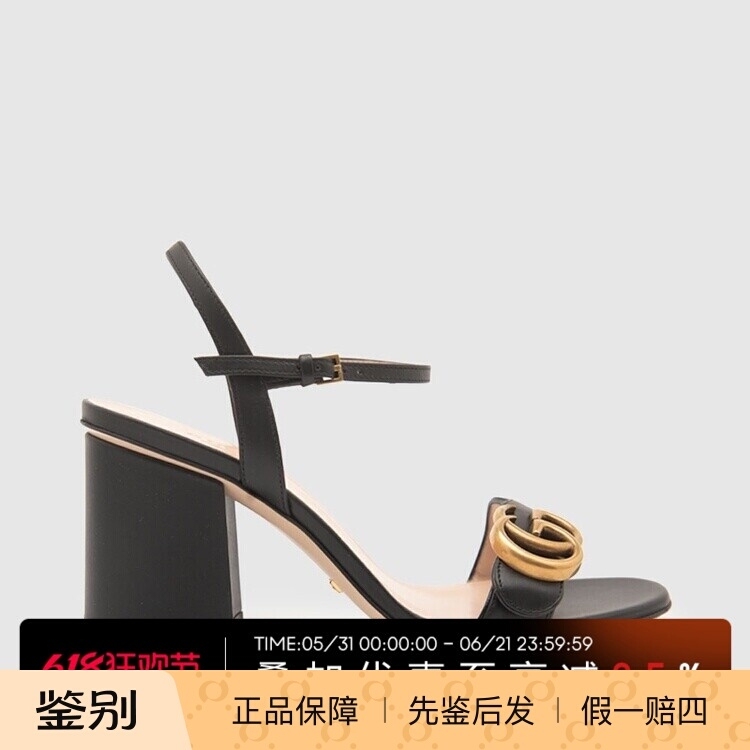 In-Stock Gucci New Spring/Summer Leather Round-Toe Double g Fashion Commuter Women's Open-Toe Chunky High-Heeled Sandals
