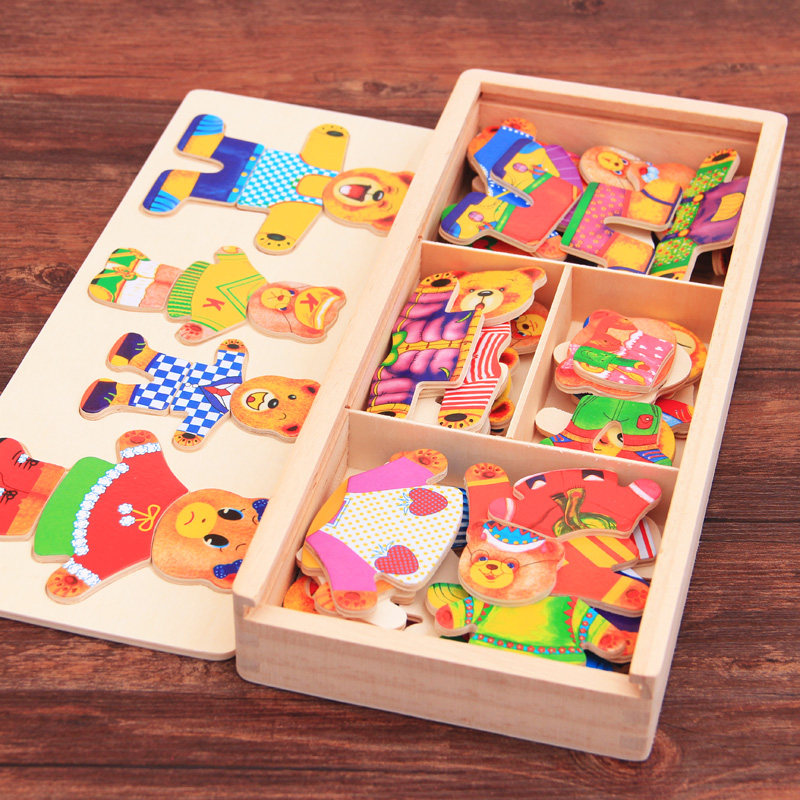 Small Bear Changing Clothes Four Bear Game Wooden children Puzzle Early Teaching Hand Grip Plate Pairing 1 Year 3 Puzzle Jigsaw Puzzle