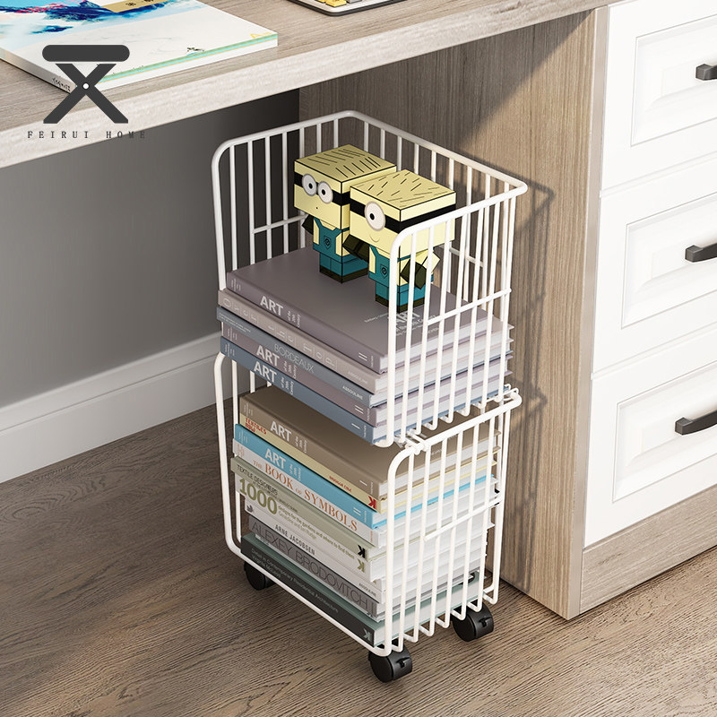 Mobile Bookshelf Swivel Belt Wheel Floor Simple Iron Art Desktop Multilayer Book Shelf Creative Province Space