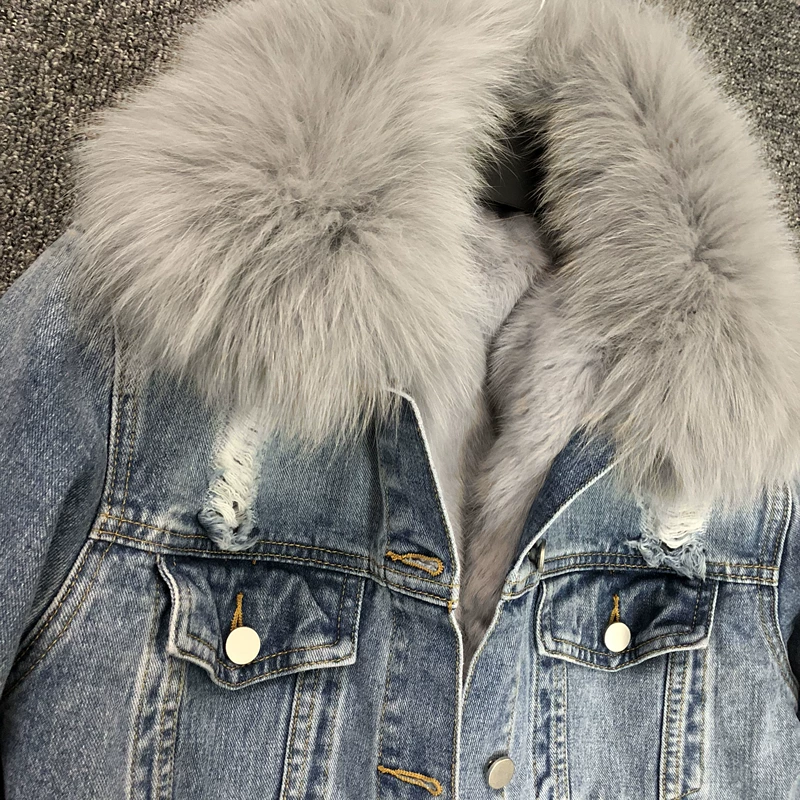 Mùa đông phiên bản Hàn Quốc của quần short denim dày ngắn quần áo lông thú thật lông thỏ lông lót denim áo khoác nữ lông có thể tháo rời