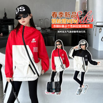 Girls coats spring and autumn 2024 new style childrens spring fashionable tops medium and large childrens hooded windbreaker jacket