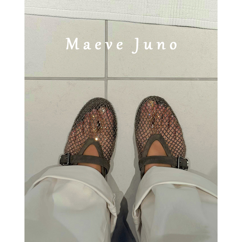 Maeve Juno~Pure Original Top Version~French Mary Jane Flat Ballet Shoes Mesh Shallow Single Shoes Women's Suede