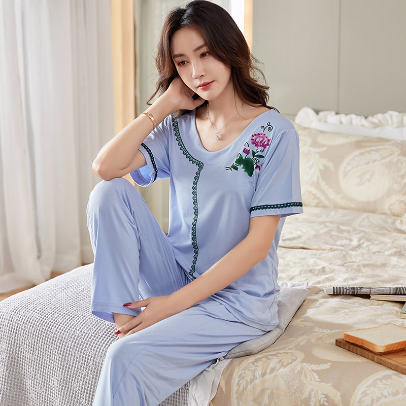 Summer modal cotton silk pajamas women's short-sleeved trousers thin section mother women's casual and comfortable two-piece suit loose