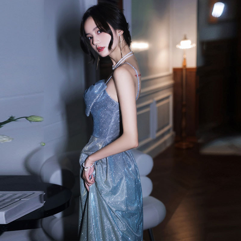 Starry Sky Evening Dress 2024 New Summer Blue Long Sequin Off-Shoulder Host Choral Conductor Dress for Women