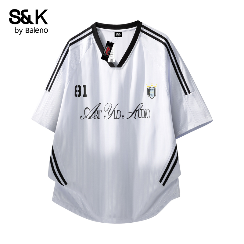 Baleno American-Style Trendy Striped V-Neck Jersey Short-Sleeve T-Shirt, Loose, Breathable and Comfortable Men's Short-Sleeve Shirt