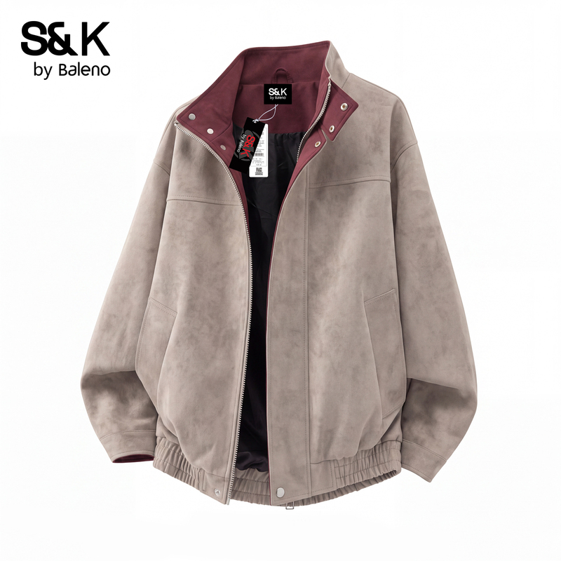 Baleno Autumn and Winter Stand-Up Collar Color-Blocked Casual Loose Long-Sleeve Jacket for Men Trendy Loose Fleece-Lined Coat